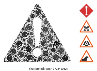Collage warning organized from SARS virus items in different sizes and color hues. Vector pathogen items are organized into abstract collage warning icon. Some bonus icons are added.