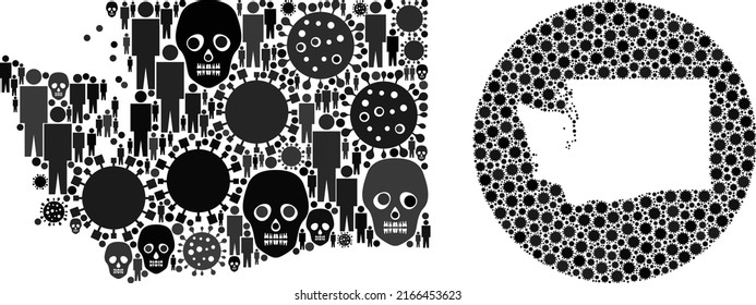 Collage Washington State map constructed from flu virus elements and people and skeleton elements. Flu virus Washington State map collage composed with sphere and subtracted shape.