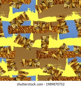 collage with watercolor brush strokes and gold texture. Abstract gold foil spot shapes seamless vector pattern. Shiny metallic golden marks. Colorful lines, spots and dots. 