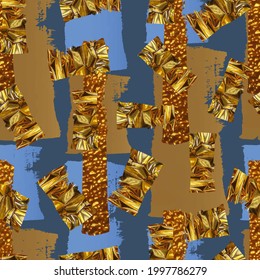 collage with watercolor brush strokes and gold texture. Abstract gold foil spot shapes seamless vector pattern. Shiny metallic golden marks. Colorful lines, spots and dots. 