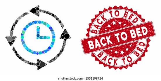 Collage wayback clock and grunge stamp seal with Back to Bed caption. Mosaic vector is composed from wayback clock icon and with random spheric spots. Back to Bed stamp seal uses red color,