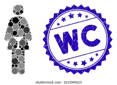 Collage WC woman icon and rubber stamp seal with WC caption. Mosaic vector is designed with WC woman icon and with randomized round elements. WC stamp uses blue color, and rubber design.