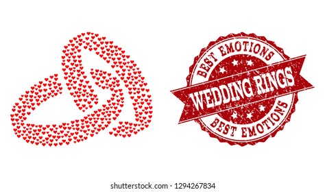 Collage wedding rings formed with red valentine hearts, and isolated rubber watermark. Composition for Valentines Day. Wedding rings concept constructed with small random amour heart symbols.