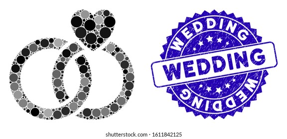 Collage wedding rings icon and grunge stamp seal with Wedding phrase. Mosaic vector is formed with wedding rings icon and with random spheric spots. Wedding stamp seal uses blue color,