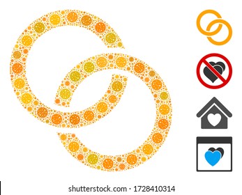 Collage wedding rings united from covid-2019 virus icons in random sizes and color hues. Vector infection elements are united into abstract illustration wedding rings icon. Some bonus icons are added.