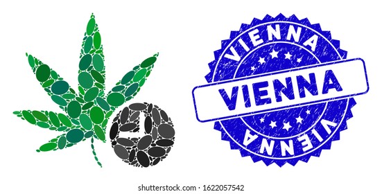 Collage weed time icon and corroded stamp watermark with Vienna text. Mosaic vector is composed with weed time icon and with scattered elliptic items. Vienna stamp seal uses blue color,