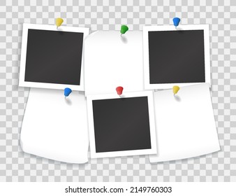 Collage of white paper notes and blank photo with colored pins isolated on transparent background. Vector realistic mockup of empty picture frames and square sheets with thumbtack