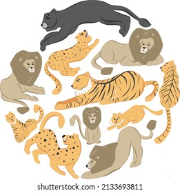 Collage of Wild cats, lions, tiger, leopard natural colored in different actions, poses.