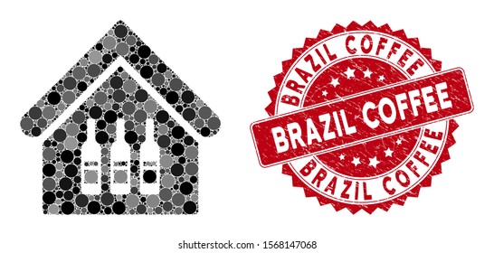 Collage wine bar and corroded stamp watermark with Brazil Coffee caption. Mosaic vector is created with wine bar icon and with randomized spheric spots. Brazil Coffee stamp seal uses red color,