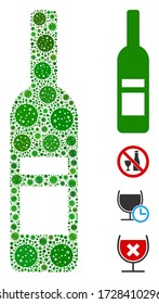 Collage wine bottle composed of covid-2019 virus icons in different sizes and color hues. Vector infection icons are organized into abstract collage wine bottle icon. Some bonus icons are added.