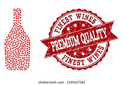 Collage wine bottle created with red love hearts, and isolated grunge stamp. Composition for Valentines Day. Wine bottle concept constructed with small random romance heart icons.