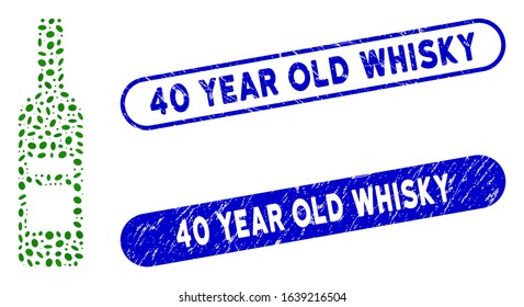 Collage wine bottle and rubber stamp seals with 40 Year Old Whisky caption. Mosaic vector wine bottle is designed with randomized elliptic pieces. 40 Year Old Whisky stamp seals use blue color,