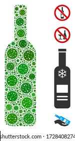 Collage wine bottle united from covid-2019 virus icons in different sizes and color hues. Vector infection items are united into abstract collage wine bottle icon. Some bonus icons are added.