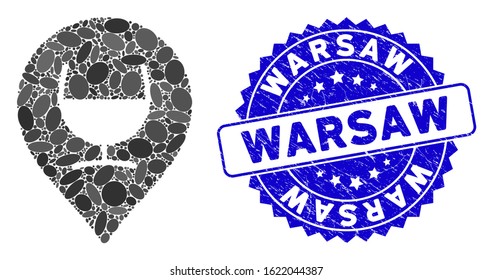 Collage wine glass marker icon and corroded stamp seal with Warsaw phrase. Mosaic vector is formed with wine glass marker icon and with random elliptic items. Warsaw stamp seal uses blue color,