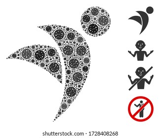 Collage winged man constructed from covid-2019 virus items in variable sizes and color hues. Vector viral icons are grouped into abstract collage winged man icon. Some bonus icons are added.