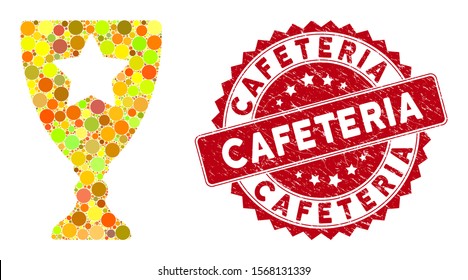 Collage winner cup and grunge stamp seal with Cafeteria caption. Mosaic vector is designed with winner cup icon and with randomized round elements. Cafeteria stamp seal uses red color,