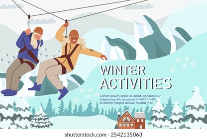 Collage winter activities, zip line, rope, active winter recreation, youth. Hotel, background, banner, Hand drawn design.