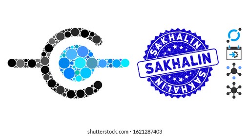 Collage wire connection icon and rubber stamp seal with Sakhalin text. Mosaic vector is composed with wire connection icon and with randomized round spots. Sakhalin seal uses blue color,