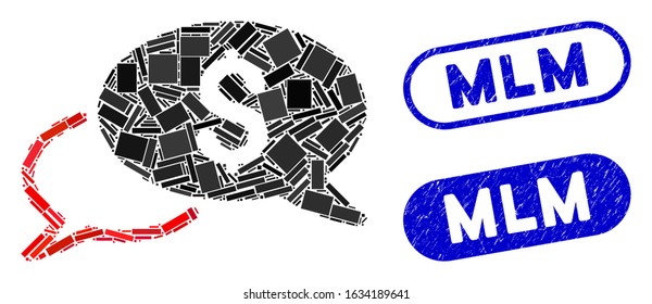 Collage wire transfer and corroded stamp seals with Mlm text. Mosaic vector wire transfer is created with randomized rectangle items. Mlm stamp seals use blue color, and have round rectangle shape.