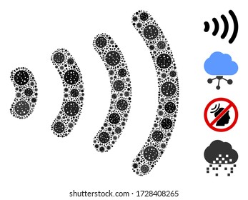 Collage wireless constructed from SARS virus elements in variable sizes and color hues. Vector viral icons are arranged into abstract collage wireless icon. Some bonus icons are added.