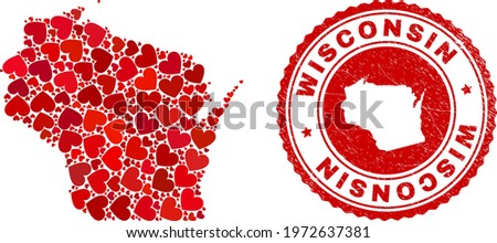 Collage Wisconsin State map created with red love hearts, and grunge seal stamp. Vector lovely round red rubber seal stamp imprint with Wisconsin State map inside.