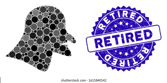 Collage witch head icon and grunge stamp seal with Retired text. Mosaic vector is designed with witch head icon and with scattered round spots. Retired seal uses blue color, and grunge surface.
