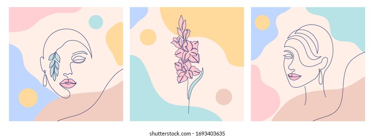 Collage with woman face and flowers. One line drawing style.