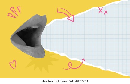 Collage with woman lips, torn paper and doodle elements. Template for advertising, promotion or announcing events. Vector illustration