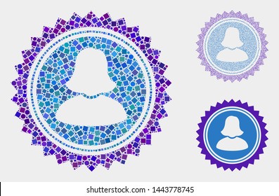 Collage Woman stamp seal icon organized from round and square elements in various sizes, positions and proportions.