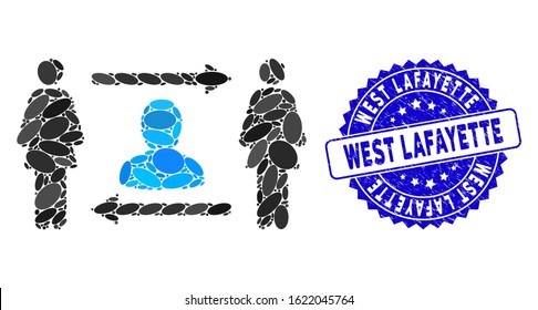 Collage women exchange friend icon and distressed stamp seal with West Lafayette caption. Mosaic vector is formed with women exchange friend icon and with randomized elliptic spots.