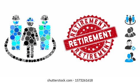 Collage worker social relations icon and grunge stamp seal with Retirement text. Mosaic vector is created with worker social relations pictogram and with scattered round items.