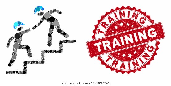 Collage workers help and distressed stamp seal with Training phrase. Mosaic vector is composed with workers help icon and with randomized circle spots. Training stamp seal uses red color,