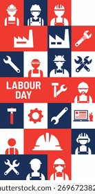 Collage of workers, tools, and factories in red, white, and blue for Labour Day.
