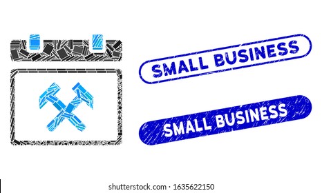 Collage working calendar page and rubber stamp seals with Small Business phrase. Mosaic vector working calendar page is created with randomized rectangle items.
