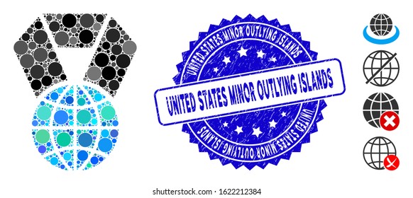 Collage world award icon and rubber stamp seal with United States Minor Outlying Islands caption. Mosaic vector is formed with world award icon and with randomized circle elements.
