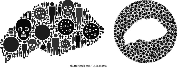 Collage Wrangel Island map designed from virus elements and humans and dead head icons. Infection virus Wrangel Island map collage designed with circle and carved shape.