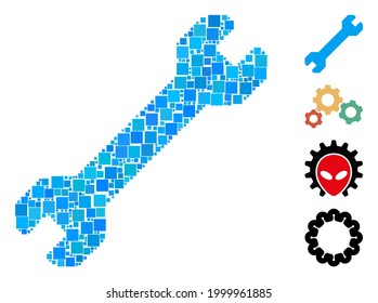 Collage Wrench icon designed from square items in random sizes and color hues. Vector square items are united into abstract collage wrench icon. Bonus icons are placed.