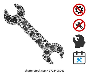 Collage wrench organized from flu virus elements in different sizes and color hues. Vector viral elements are organized into abstract collage wrench icon. Some bonus icons are added.