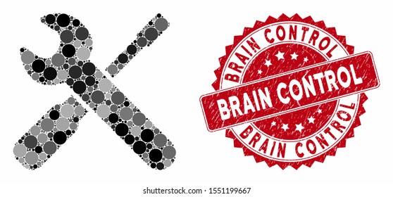 Collage wrench and screwdriver tools and corroded stamp seal with Brain Control phrase. Mosaic vector is formed with wrench and screwdriver tools icon and with scattered circle spots.