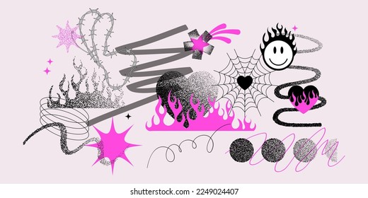 Collage from Y2k gothic flame tattoo designs, halftone geometric elements. Retro psychedelic contemporary bitmat shapes. Vector illustration of collection aesthetic nostalgic 2000s goth girly objects.