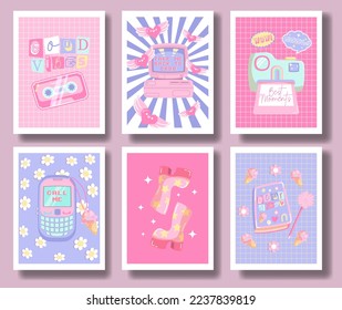 Collage of y2k style background vector. Set of lovely vibes wallpaper, pink color, camera, tape recorder, diary, good vibes. Trendy girly 90s, 2000s poster for banner, prints, decorative, cover