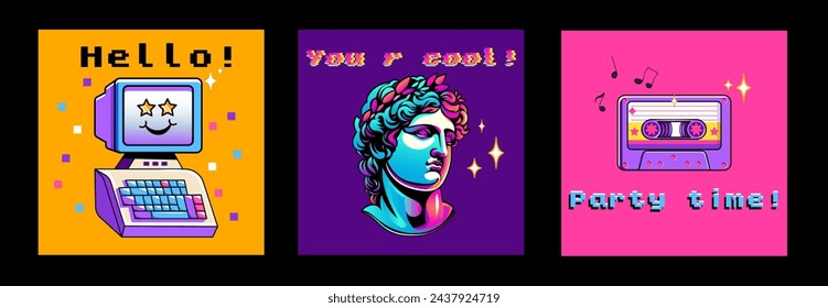 Collage of y2k style posters. Set of 90s 00s retro devices in modern style. wallpaper, pink color, old pc, greek sculpture, party time. vector nostalgia illustration for banner, for tee - t shirt