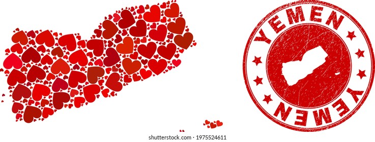 Collage Yemen map composed with red love hearts, and rubber seal. Vector lovely round red rubber seal stamp imprint with Yemen map inside. Geographic abstraction of Yemen map with red wedding symbols.
