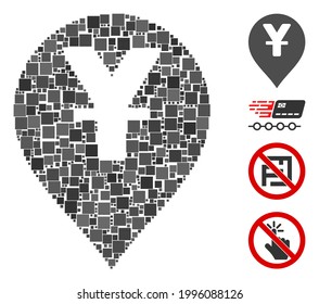 Collage Yen map marker icon composed of square elements in various sizes and color hues. Vector square elements are composed into abstract collage yen map marker icon. Bonus icons are placed.