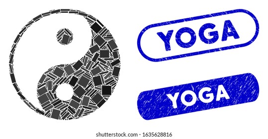 Collage yin yang and corroded stamp seals with Yoga phrase. Mosaic vector yin yang is formed with randomized rectangles. Yoga stamp seals use blue color, and have round rectangle shape.