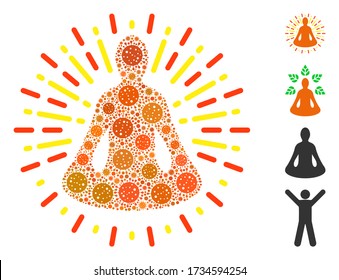 Collage Yoga Meditation entworfen aus SARS-Virusgegenständen in verschiedenen Größen und Farbtönen. Vektor-Pathogen-Icons werden in abstrakte Collage Yoga Meditation Icon organisiert. Einige Bonussymbole werden hinzugefügt.