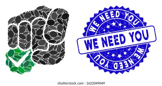Collage for you only icon and corroded stamp seal with We Need You text. Mosaic vector is designed with for you only icon and with random oval elements. We Need You stamp seal uses blue color,