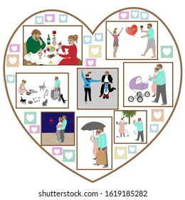 Collage of young couple romantic pictures in a heart shaped frame.  Decoration for St Valentine's Day.