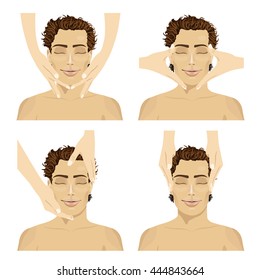 Collage of young man in spa salon getting facial massage