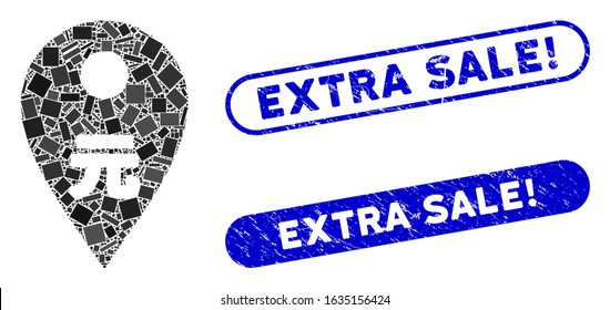 Collage yuan map marker and grunge stamp seals with Extra Sale! caption. Mosaic vector yuan map marker is formed with scattered rectangle items. Extra Sale! stamp seals use blue color,